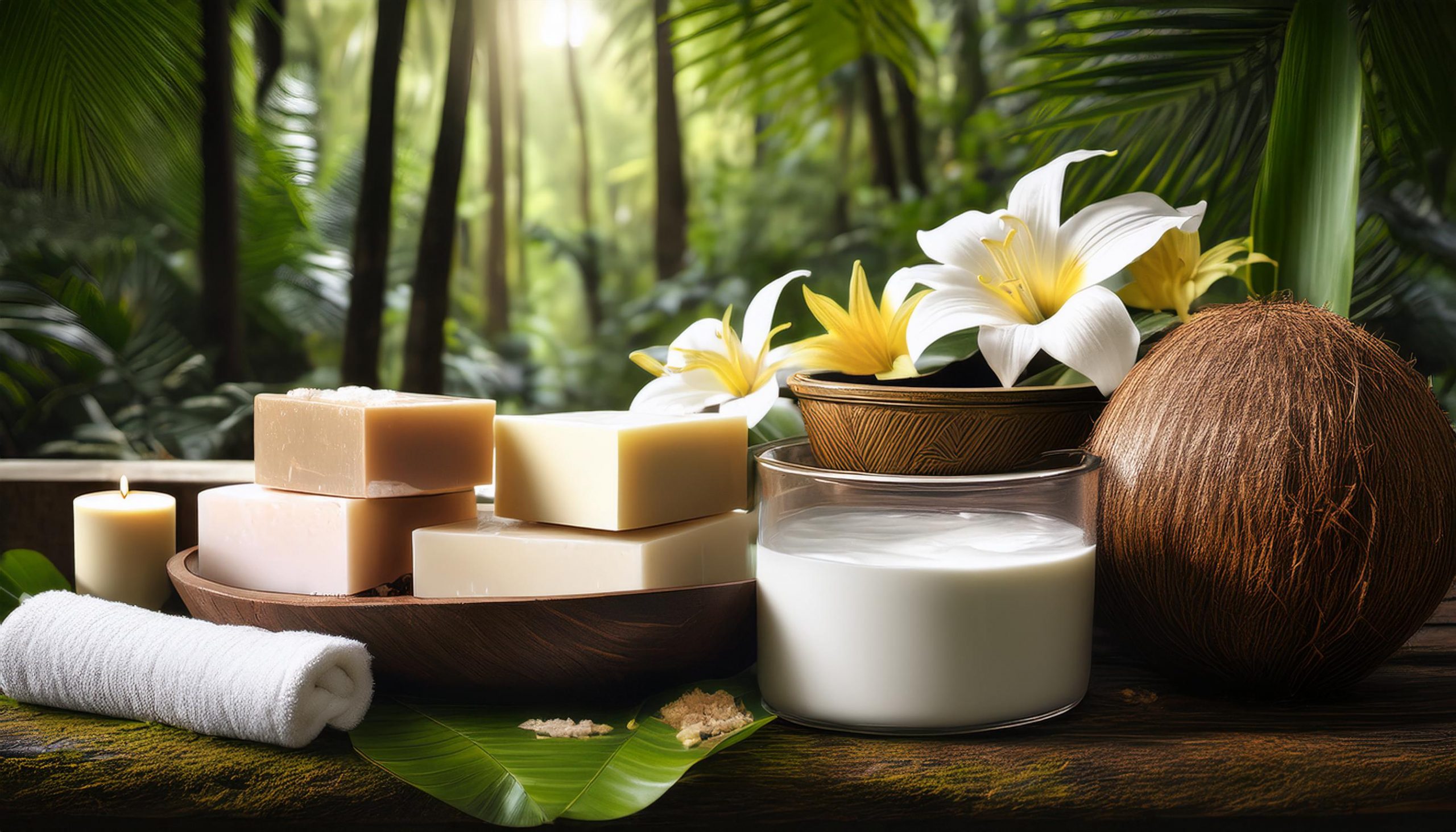 Firefly natural bars of rustic soaps, different colors, large exotic bath tub filled with tropical f